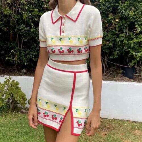2021 Vintage CHIC Open Button Lapel Fruit Knitted Pullovers Cropped Top Women Package Hips Slit Mini Skirt Set Holiday Suits