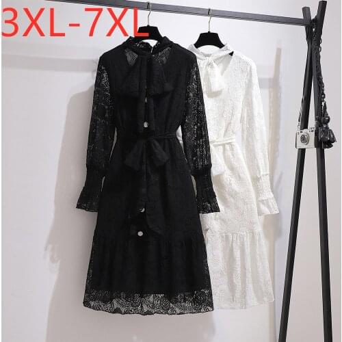 New ladies autumn winter plus size lace dress for women large long sleeve loose button black belt mini dress 3XL 4XL 5XL 6XL 7XL