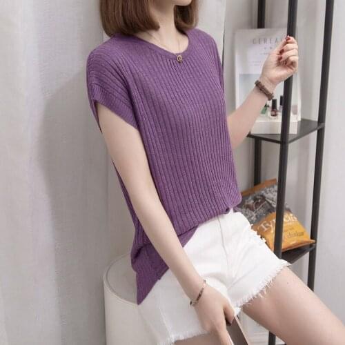 19903 real shot round neck solid color vertical bar short sleeve Pullover knitting