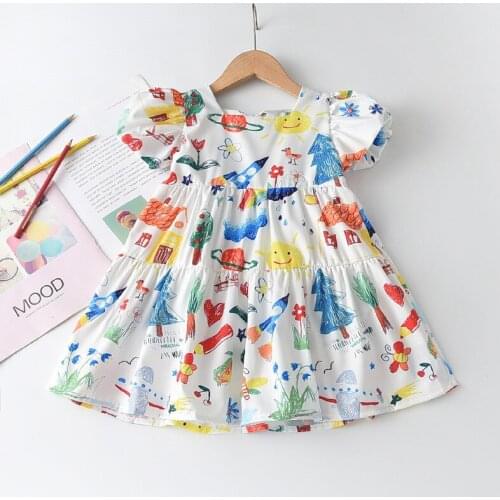 2021 Summer New Girls' Dress Floral Bubble Sleeve Cute Cartoon Graffiti Dress
