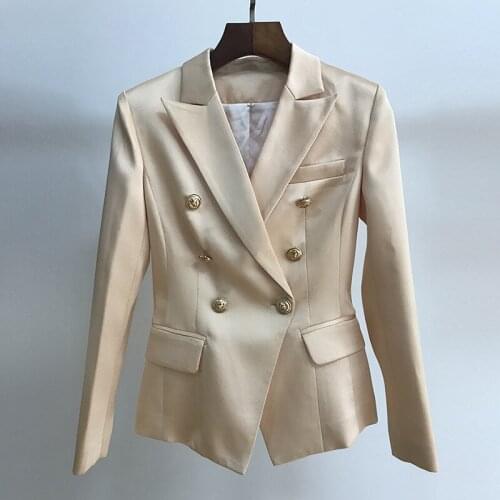 2021 Star New High Quality Womens Suit Jacket Fashion Lion Buckle Double Breasted Slim Fit Satin Suit O196