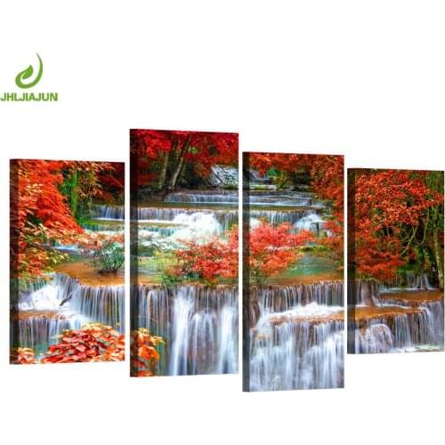 4 Panel Canvas Oil Painting Module Picture Waterfall Red Leaf Frame Modern Print Art wall Decoration Painting