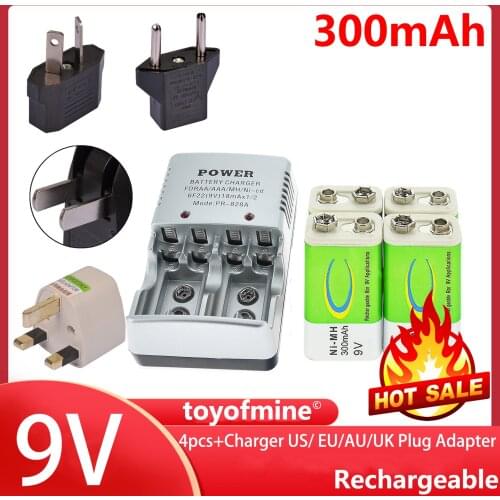 4pcs 9v 9 Volt Rechargeable Battery 300mAh NI-MH green+ Battery Charger
