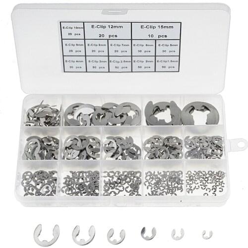 400PCS/Box M1.5-M15 304 Stainless Steel Stainless Steel E Clip Washer Assortment Kit Circlip Retaining Ring For Shaft Fastener