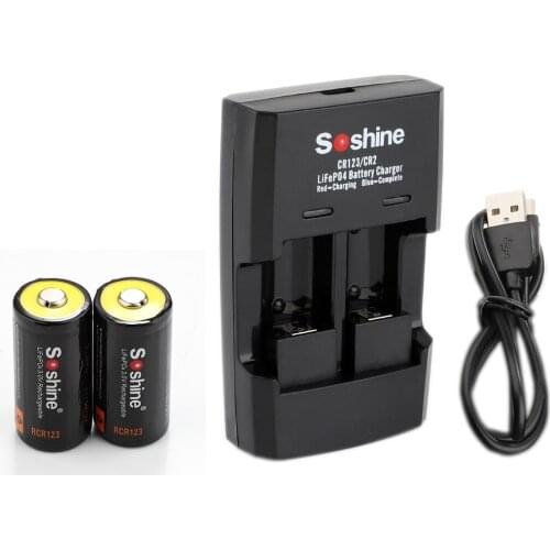 2pcs Soshine 16340 RCR123 LiFePO4 battery 3V 600mAh Rechargeable protected batteries with charger