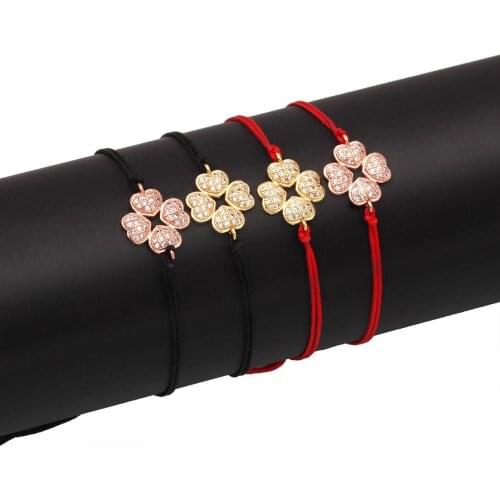 White Cubic Zirconia Stones Lucky Clover Love Heart Charm Bracelet Women Gold-Color Copper CZ Red String Handmade Jewelry Gift