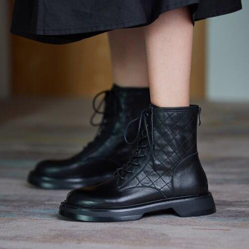 Genuine leather Martin boots womens platform ankle boots British style side lace round toe flat ankle boots women