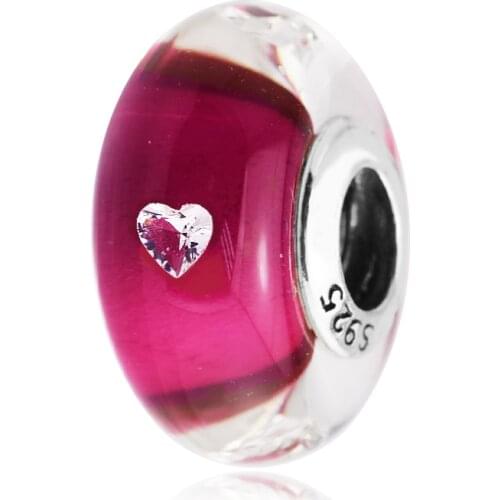 Cerise Heart Murano Glass Beads DIY Fits for Pandora Bracelet 100% 925 Sterling Silver Jewelry Charms with Clear CZ Free Ship