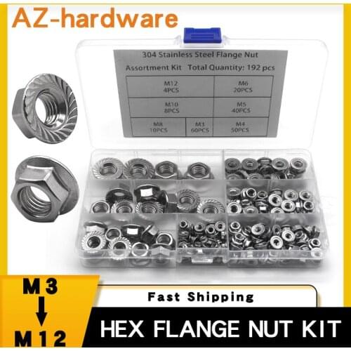 DIN6923 Flange Nut Combination Set M3 M4 M5 M6 M8 M10 M12 Metric Hex Flange Nut Set 304 Stainless Steel 192PCS