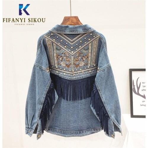 Embroidery Denim Jacket Women Fashion Rivet Tassel Long sleeve Jeans Jacket Female Vintage Loose Jeans Coat Spring Autumn
