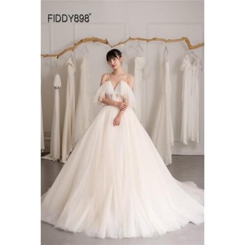 Elegant Champagne Wedding Dress 2020 V Neck Off-Shoulder Ball Gown Bride Dress Robe De Mariee Wedding Dresses for Women