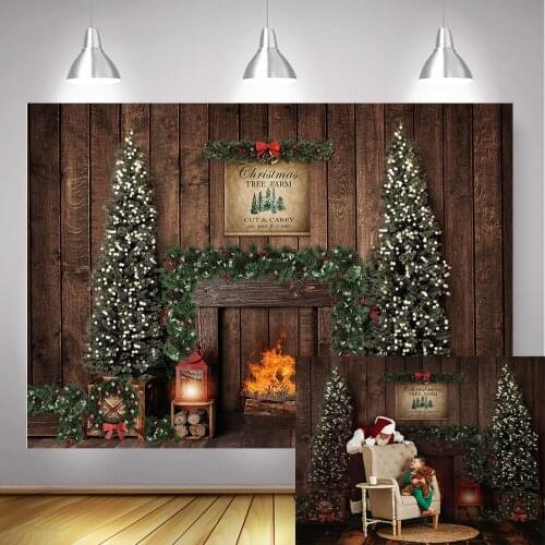 Christmas Photography Backdrop Photo Shoot Fireplace Rustic Wood Fireplace Background Green Christmas Tree Farm Winter Photocall