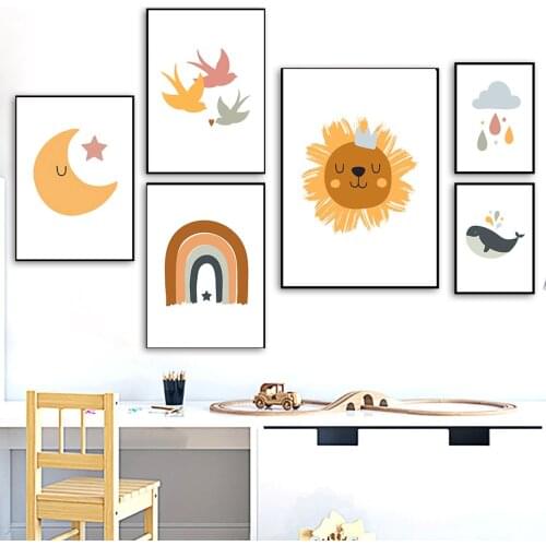 Sun Cloud Raindrop Rainbow Whale Wall Art Canvas Painting Nordic Posters And Prints Cartoon Wall Pictures For Kids Room Decor