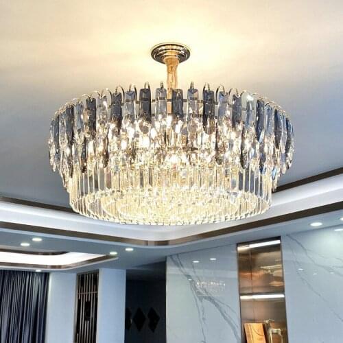Living Room Luxury Gray & Clear K9 Crystal Led Pendant Lights Round Gold Metal Chain Hanging Lamp Lustre Modern Lighting Fixture