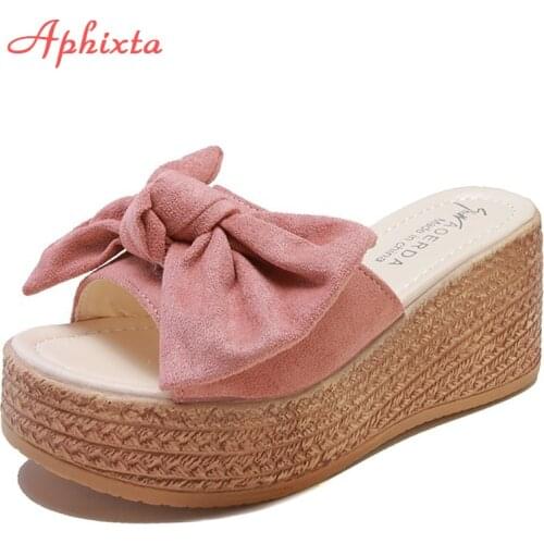 Aphixta 7cm or 9cm Summer Women Wedge Slippers Platform Appliques Bow Beach Antiskid Female Sandals Clog Shoes Slides Women