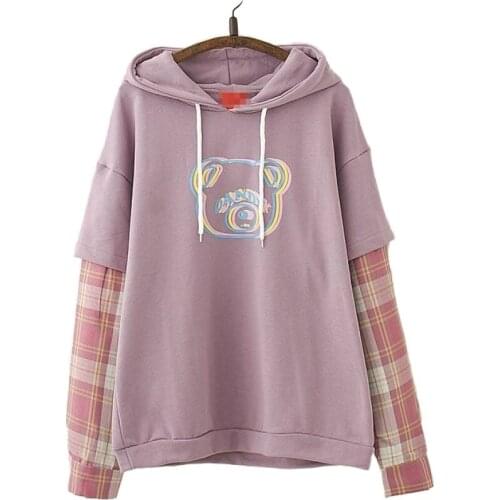 Women Harajuku Hoodies 2020 Autumn New Letter Print Bear Stitching Fake 2 Piece Cotton Hooded Sweatshirts Long Sleeve Tracksuit