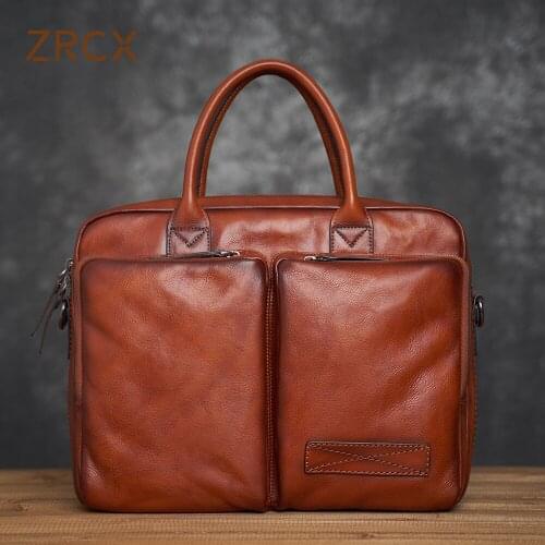 ZRCX Vintage Genuine Leather Bag Briefcase Mens Shoulder Bag Man Handbag Brown Red Casual Fashion 15.6 Inch Laptop Bag