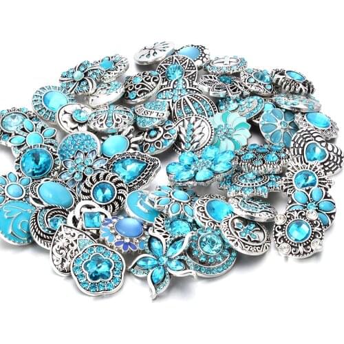 10pcs/lot Wholesale Snap Jewelry 18mm Snap Buttons Mixed Cyan Rhinestone Metal Flower Snaps Buttons for Snap Bracelet Bangle