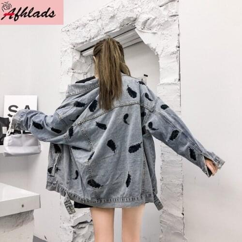 Feather Embroidered Denim Jacket Spring And Autumn Korean Women Loose Single-Breasted Turn-Town Collar Casual Jacket Coats