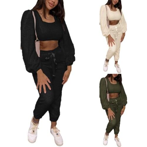 Womens Suit Two-piece Thermal Clothes Casual Set Solid Color Square Collar Crop Tops Drawstring Pants Beige/ Black/ Army Green