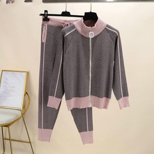 Fall Winter New Tracksuit Woman Color Patchwork Turtleneck Zipper Knitted Cardigans+Pants 2PCS Sets Long Sleeve Knit Top Trouser