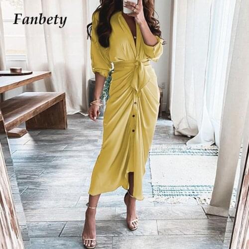 Women Elegant V-Neck Button Shirt Dress Ladies Casual Lace-Up Draped Solid Long Dress Autumn Long Sleeve Party Dress Vestido