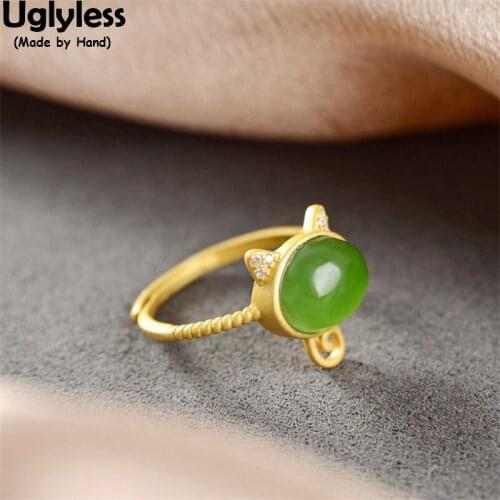 Uglyless Miss Cat Kitty Rings for Women Natural Jasper Rings Lovely Animals Gifts Jewelry for Girls Students 925 Silver Bijoux