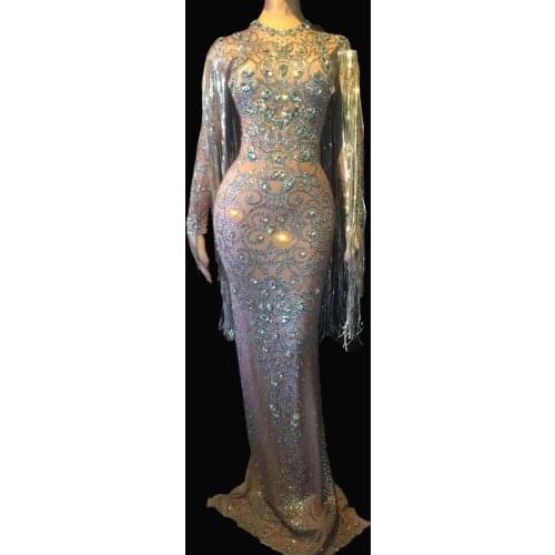 Nude Mesh See Through long sleeve dress Crystals Long Dress Evening Party Rhinestones Dresses Birthday Stage Fringes Dress