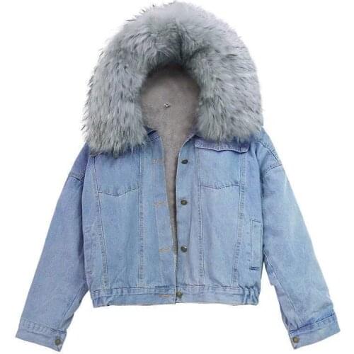 Winter Loose Causal Denim Jacket Women Fur Collar Velvet Padded Jackets Coats Female Cotton Thick Warm Jean Coat 2021 HOWDFEO
