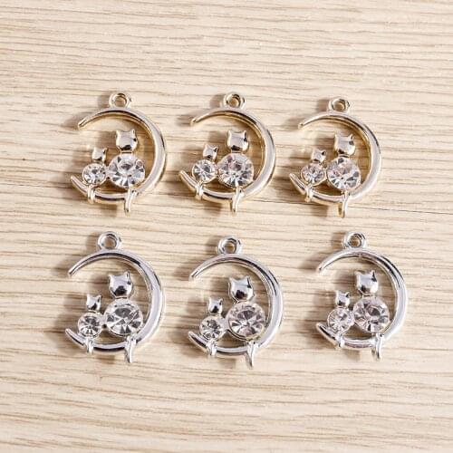 10pcs 16*22mm Cartoon Crystal Cat Charms for Jewelry Making Alloy Moon Charms Pendants Necklaces Earrings Keychain DIY Accessory
