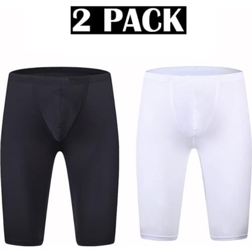2 Piece Mens Sleep Bottoms Ice Silk Sexy Bugle Pouch Long Boxer Shorts Summer Pajama Shorts Slip Homme Transparent Underwear