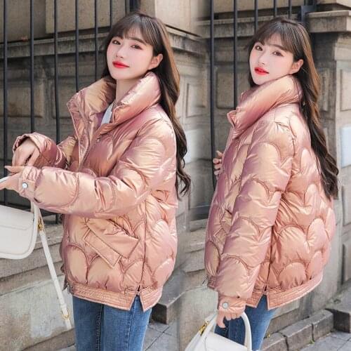 2021 Winter Women Sliver PU Parkas Coat Long Sleeve zipper Thick Warm padded Coat Casual Female Winter Outwear Jacket parkas