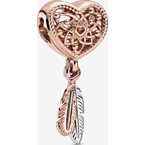 925 Sterling Silver 2020 New Rose Gold Openwork Heart Two Feathers Charm Beads Fit Original 3mm Charm Bracelet Jewelry Gift