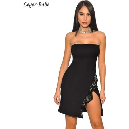 Fashion Sexy Strapless Bandage Dress Side Slit Beaded Black Short Vestidos Celebrity Party Club Mini Women Dress Bodycon