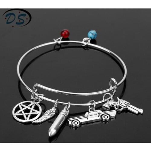 Bangles&Bracelets Supernatural Inspired Jewelry Dean Winchester Gun Pentagram Charms Bracelet Womens a bracelet