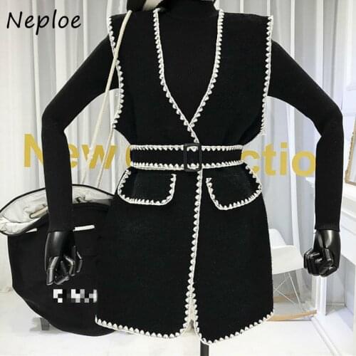 Neploe Elegant Suit Chic Sashes Panelled Patchwork Vest + Solid Color Slim Fit Sweaters Women 2021 Autumn New 2 Piece Set