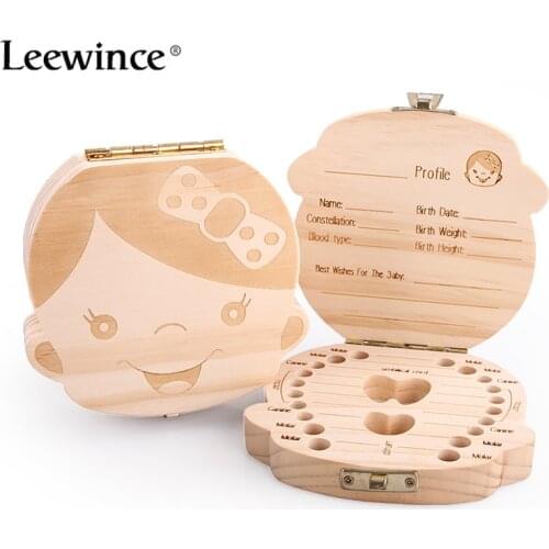 Leewince Tooth Box organizer for baby save Milk teeth Wood storage box great gifts 3-6Years creative for Spanish&Russian&English