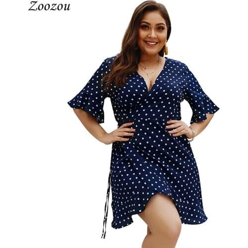Cross Wrap Polka Dot High Split Mini Dress Deep V Neck Twist Asymmetrical Hem Ruffle Dress Plus Size Butterfly Sleeve Vestido