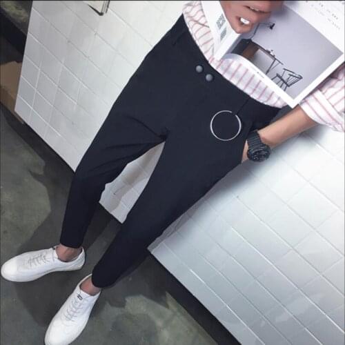 28-36 Summer New Iron Ring Decoration Casual Pants Men Nightclub Tide Slim Feet Pants Hairstylist Nine Pants Plus Size Costumes