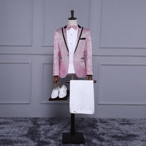 Mens Pink Purple Sequins Paillette Suits Stage Singer Wedding Grooms Slim Fit Gentleman Tuxedo Party Prom Costume Homme