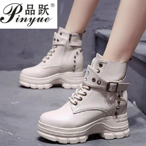 New Women Platform Boots 2019 Height Increasing Waterproof Sneakers Winter 8CM High Heel Boots Thick Sole Trainers Leather Shoes