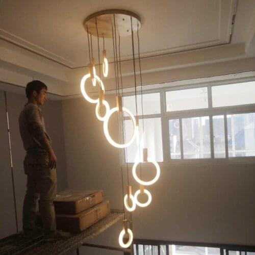 Modern Led Chandelier Wooden Luxury Ring Chandelier Lighting Minimalist Designer Stairs Art Ceiling Lamp Wood Lustre Fixtures