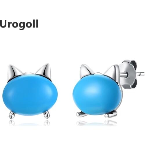 New Vintage Cat Head with Natural Stone Stud Earrings Fashion Real 925 Sterling Silver Earring with Blue Stone Jewelry Gifts