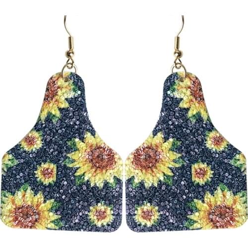 Western Style Sunflower Glitter Earrings for Women Oil Painting Cow Tag Bull Head Texas Leather Dangle Earrings Vintage Jewelry