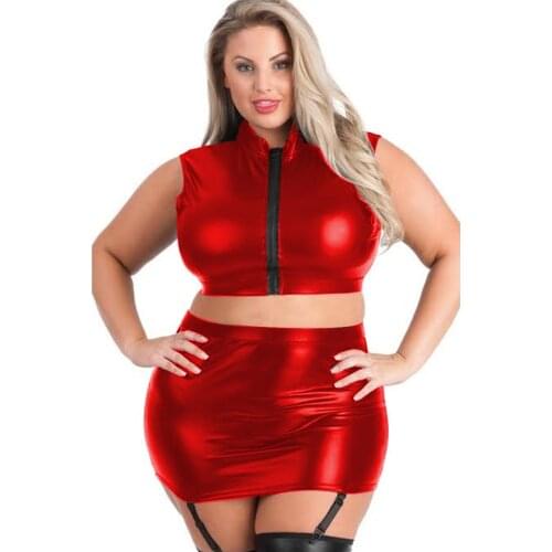 Plus Size Ladies Nightclub Shiny Metallic Dancing Costume Zipper Open Bust Sleeveless Crop Top Bandage Skirt With Garter Belts