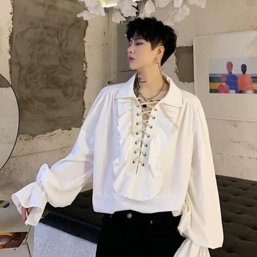 Medieval Men Tunic Viking Pirate Costume Gothic Shirts Grooms Vintage Top Ruffle Sleeve Neckline Drawstring Knight Cosplay Fancy