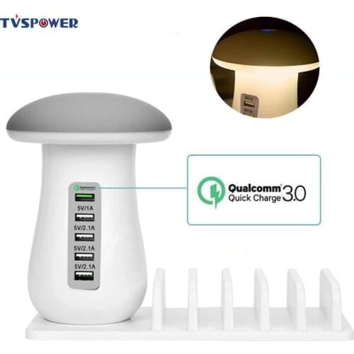 Multiple 5 Ports USB Charging Station Mushroom Night Lamp Quick Charging Dock Stand QC 3.0 Quick Phone Chargers EU US UK AU Plug