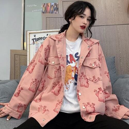 Cute Pokemon Print Denim Jacket Women College Style Jacket Harajuku Cartoon Animal Jacket Vintage Loose Single Breasted Jacket