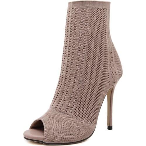2021 Spring Shoes Women High Heels Ankle Boots Fashion Knitted Shoes Sexy Casual Peep Toe Short Boots Woman Party Pumps Apricot