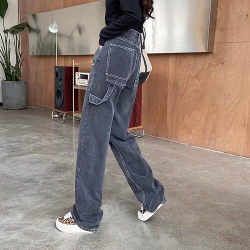 Womens Jeans 2021 New High Waist Wide Leg Pants Vintage Smoked Gray Y2k Loose Washed Harajuku Straight Jeans Streetwear